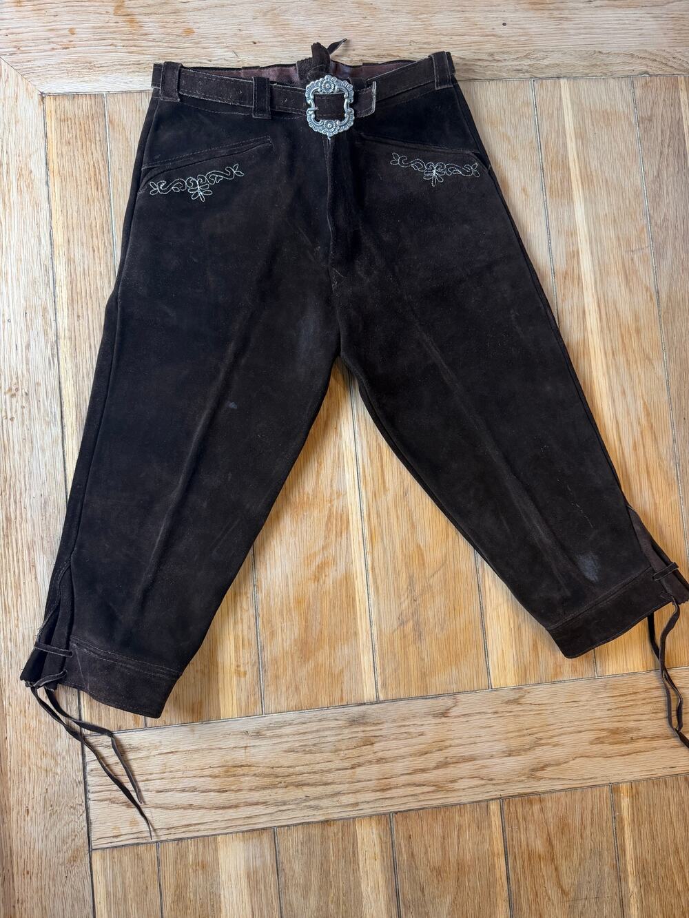 Vintage German Lederhosen Brown Suede Leather Embroidered Knee Pants Oktoberfest
